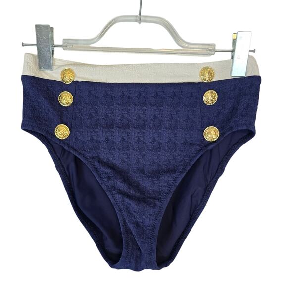 L'Agence Vanessa High Waist Bikini Bottom Marine Blue White Gold Buttons S NEW - Picture 2 of 8
